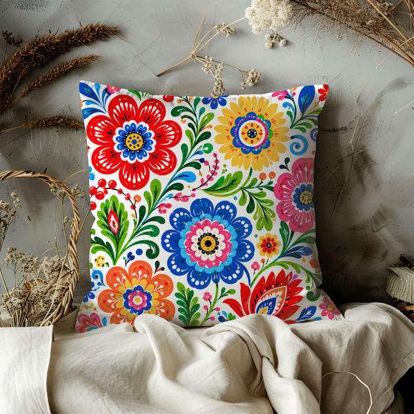 Folk Art Floral Pillow Cover – Vibrant Pattern Art | Gold Crackle Decor