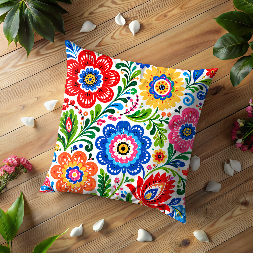 Folk Art Floral Pillow Cover | Vibrant Pattern Art | Gold Crackle Decor