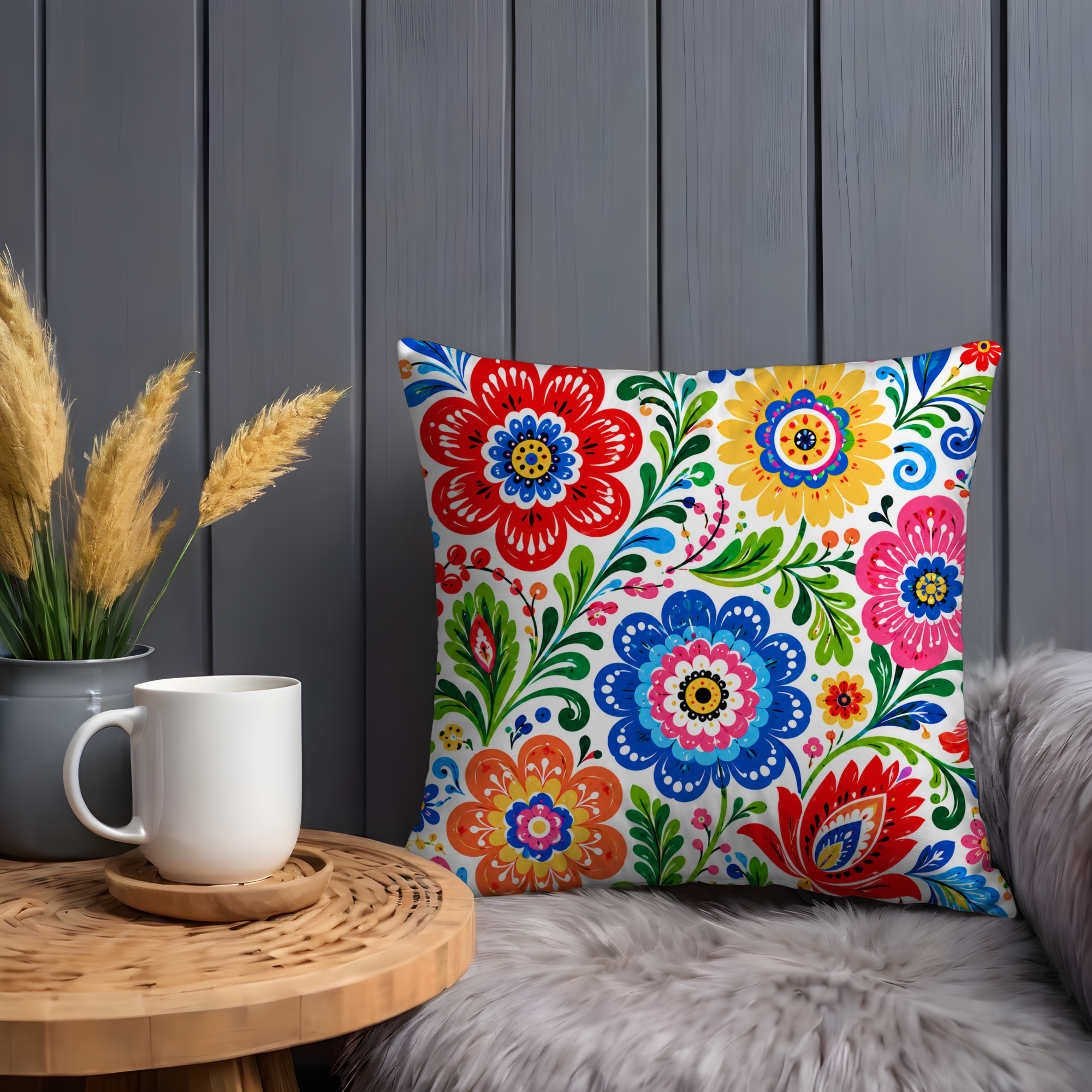 Folk Art Floral Pillow Cover | Vibrant Pattern Art | Gold Crackle Decor