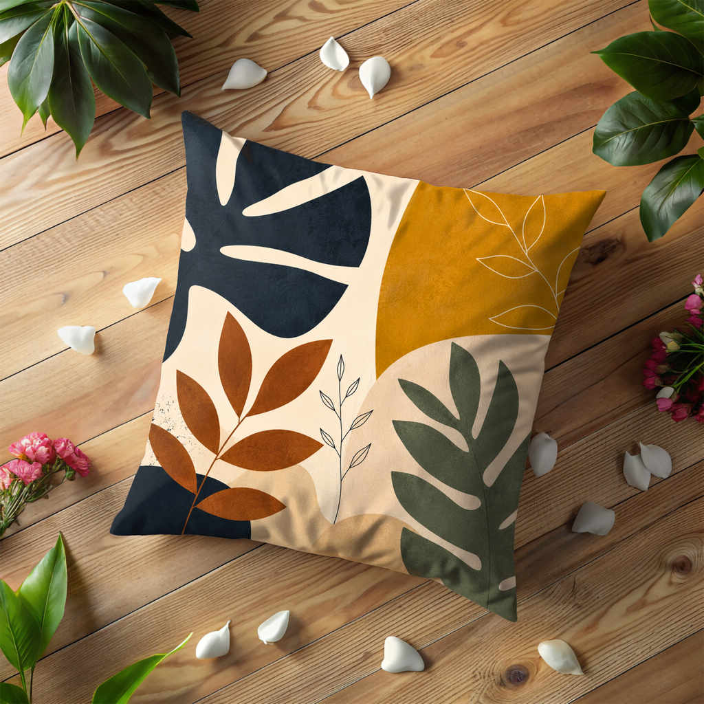 Modern Leaf Pillow Cover | Abstract Botanical Art | Gold Crackle Decor
