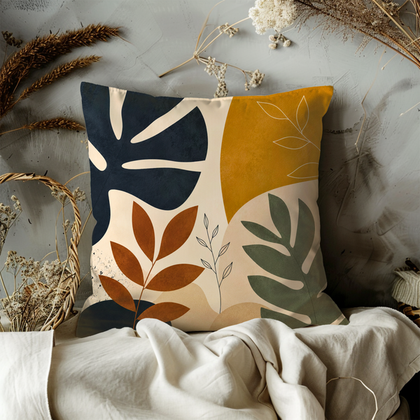 Modern Leaf Pillow Cover – Abstract Botanical Art | Gold Crackle Decor