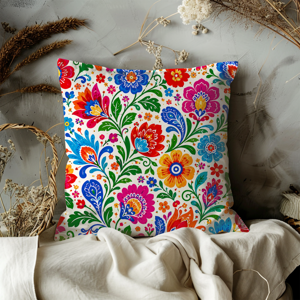 Folk Art Floral Pillow Cover – Vibrant Pattern Art | Gold Crackle Decor