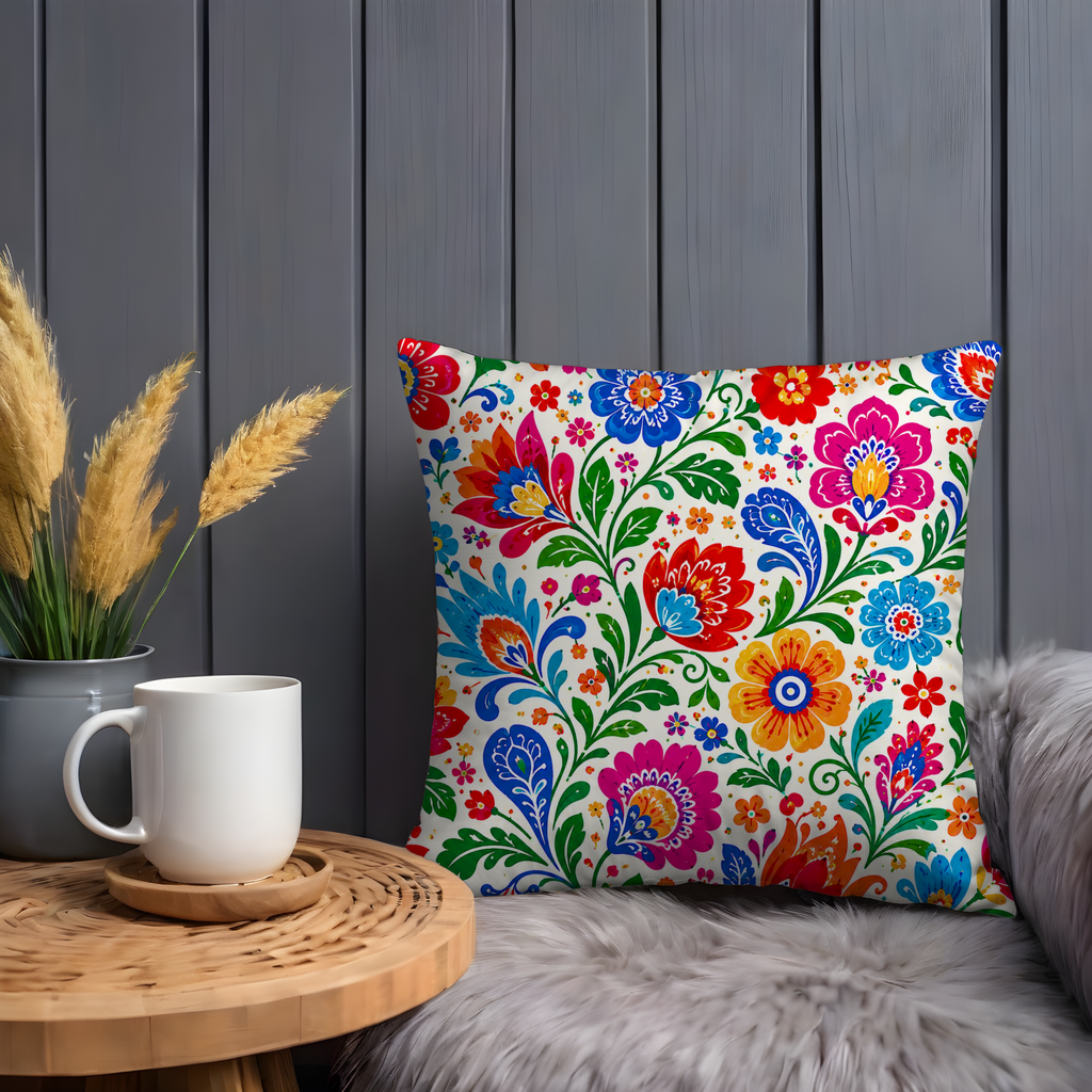 Folk Art Floral Pillow Cover | Vibrant Pattern Art | Gold Crackle Decor