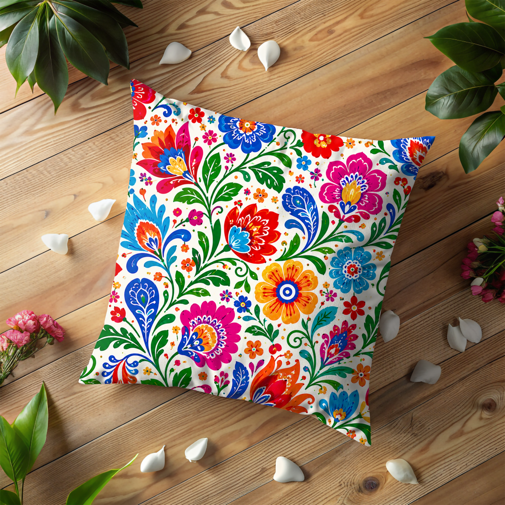 Folk Art Floral Pillow Cover | Vibrant Pattern Art | Gold Crackle Decor
