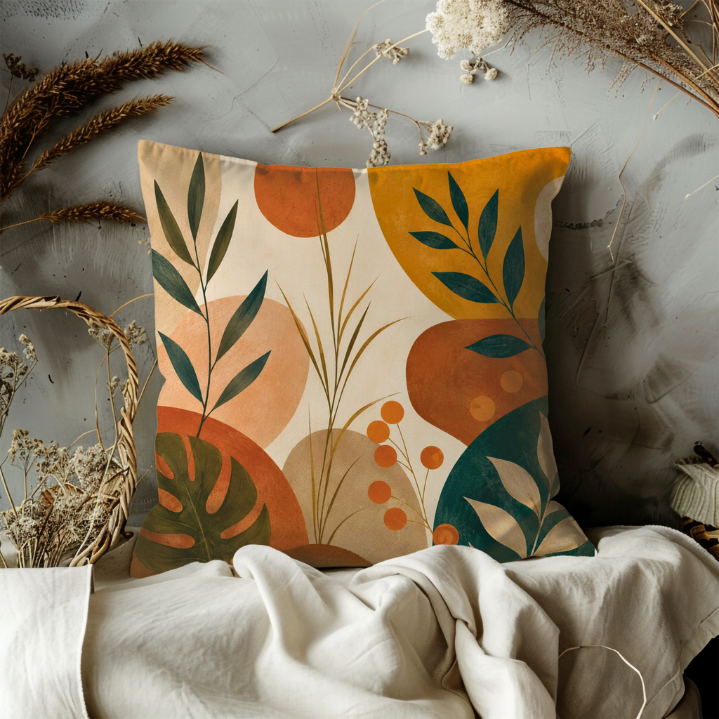 Modern Abstract Leaf Pillow Cover | Earthy Botanical Art | Gold Crackle Decor