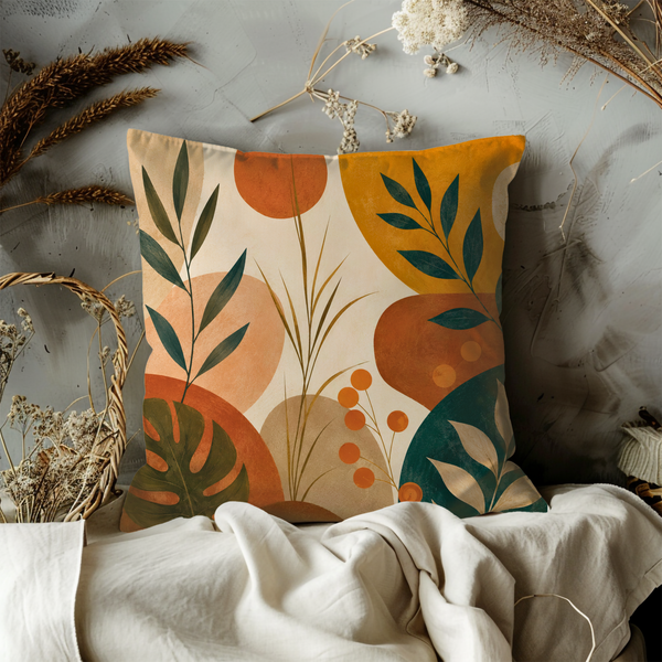 Modern Abstract Leaf Pillow Cover – Earthy Botanical Art | Gold Crackle Decor