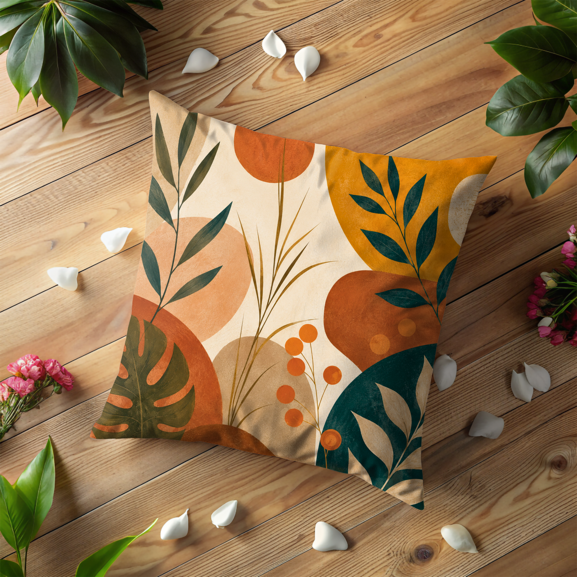 Modern Abstract Leaf Pillow Cover | Earthy Botanical Art | Gold Crackle Decor