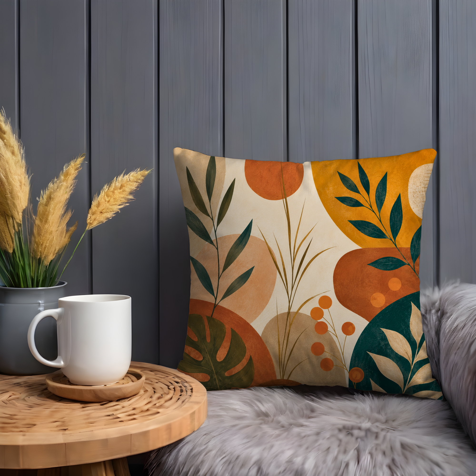 Modern Abstract Leaf Pillow Cover | Earthy Botanical Art | Gold Crackle Decor