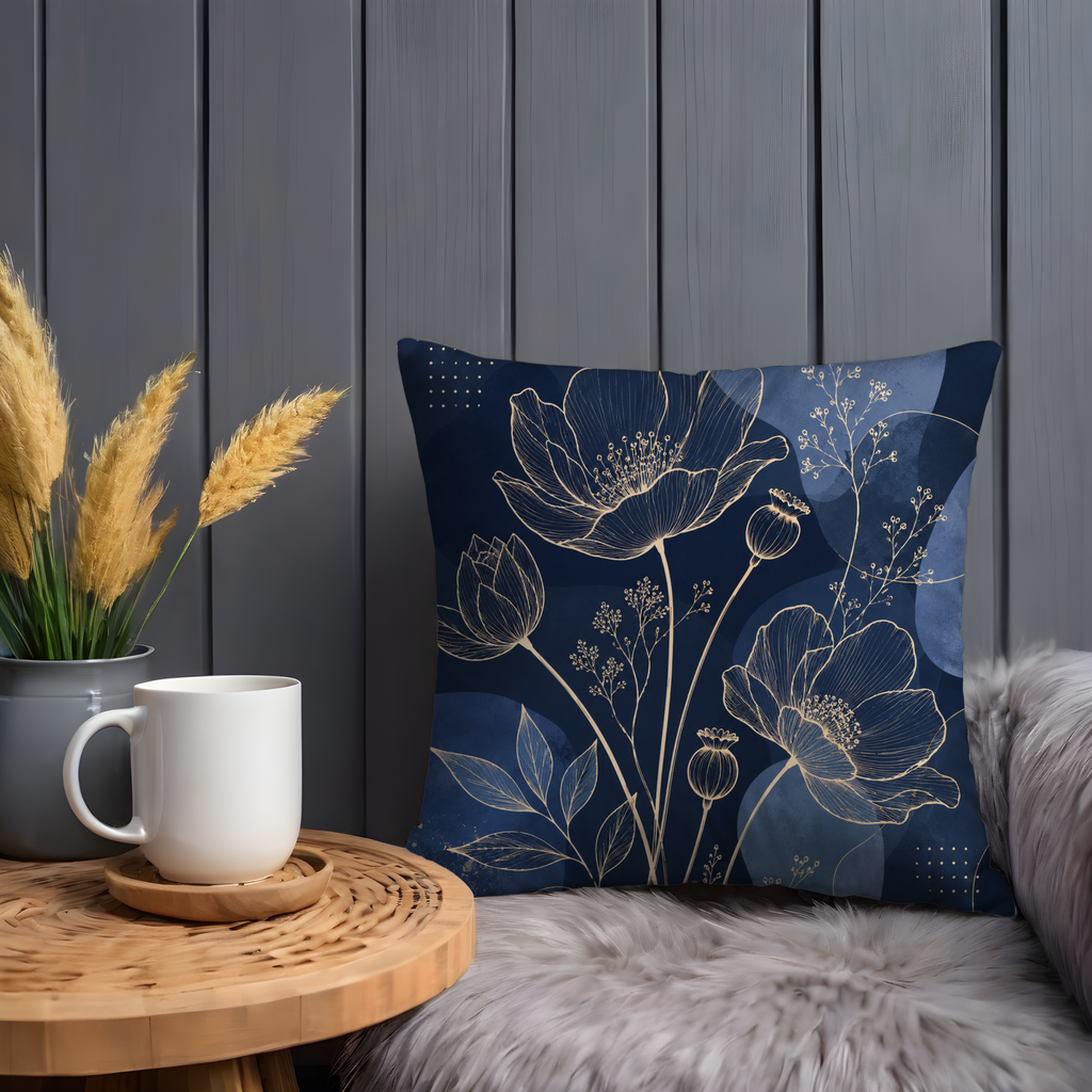 Navy Blue Floral Line Art Pillow Cover | Elegant Botanical Art | Gold Crackle Decor