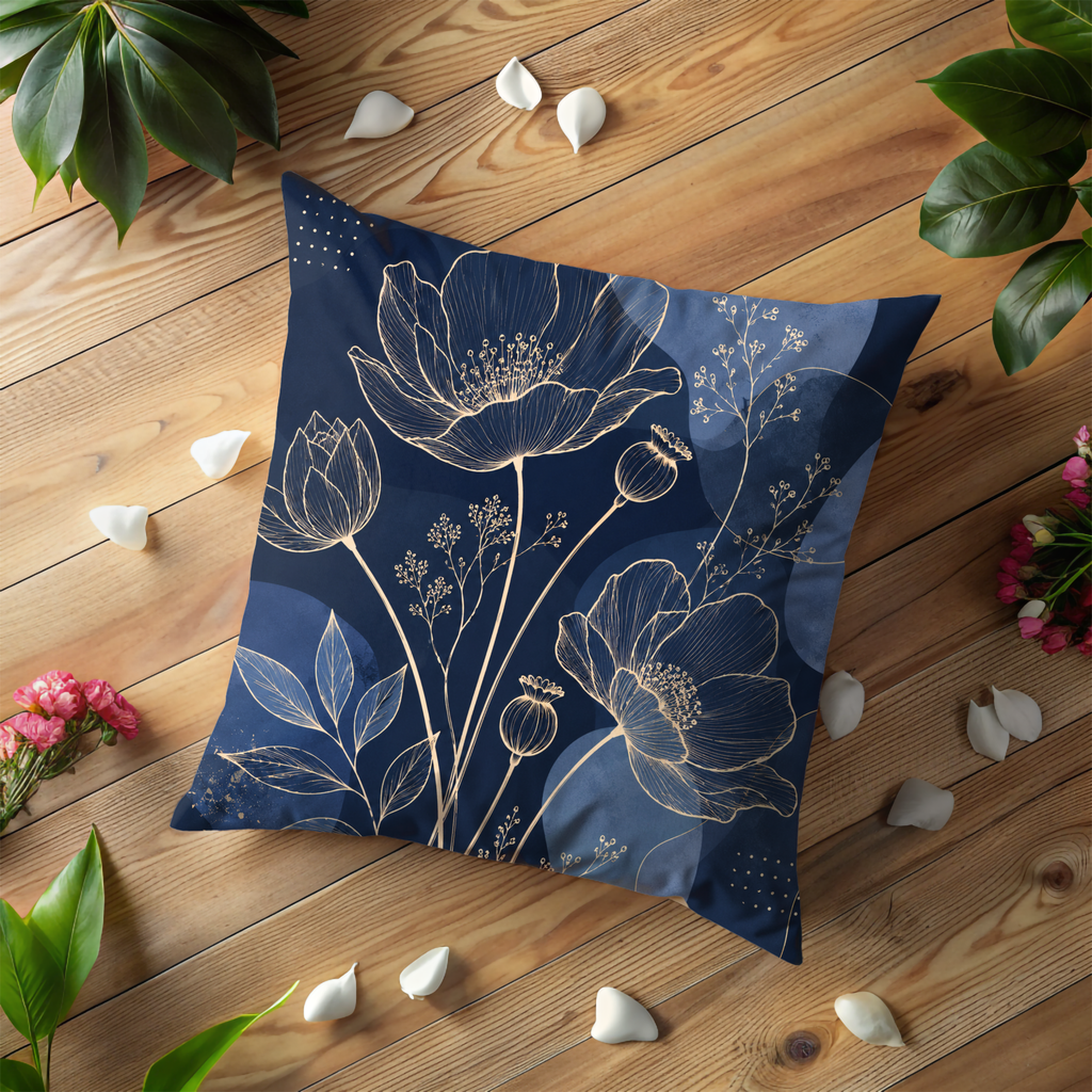 Navy Blue Floral Line Art Pillow Cover | Elegant Botanical Art | Gold Crackle Decor