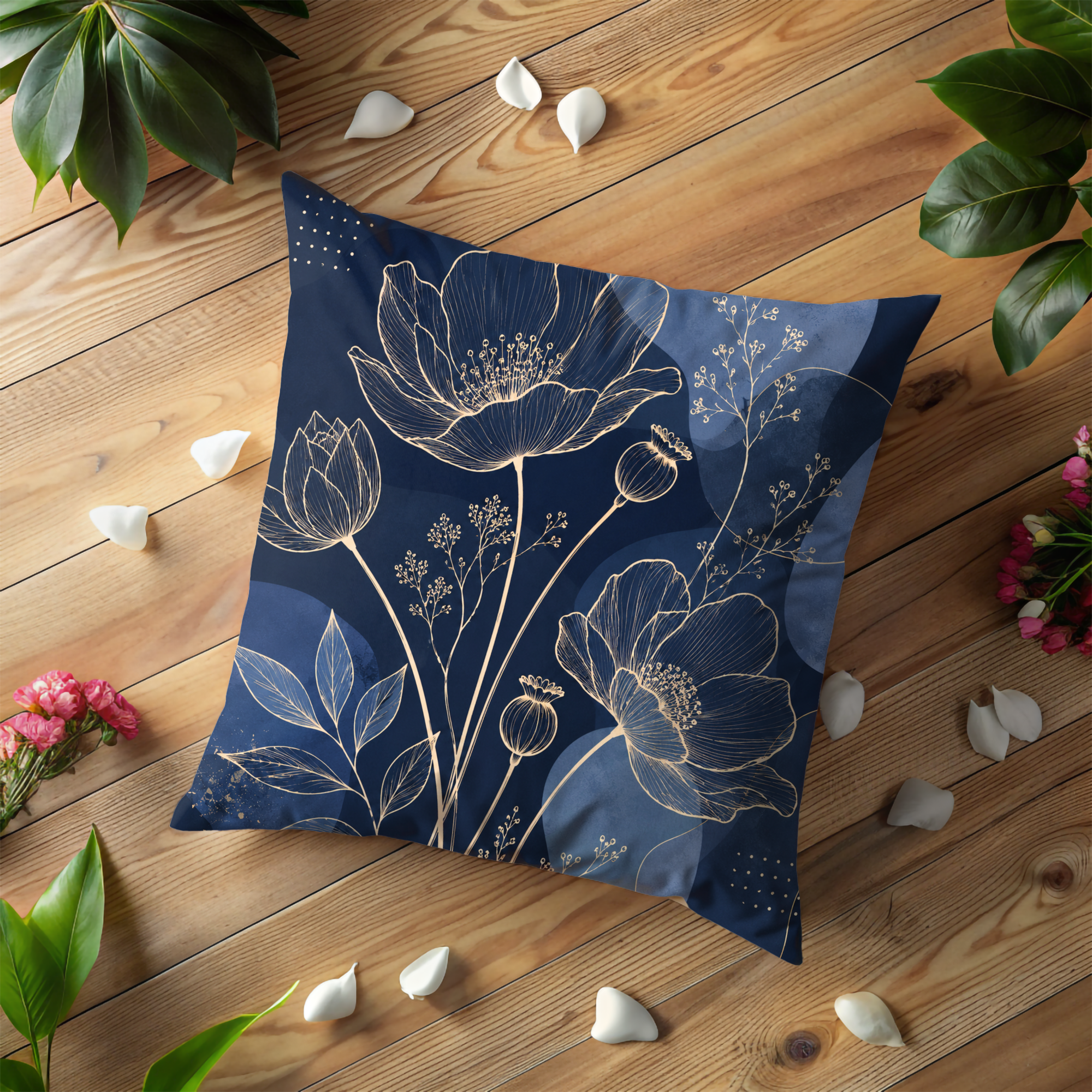 Navy Blue Floral Line Art Pillow Cover | Elegant Botanical Art | Gold Crackle Decor