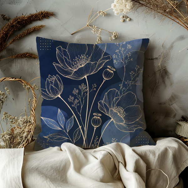 Navy Blue Floral Line Art Pillow Cover – Elegant Botanical Art | Gold Crackle Decor