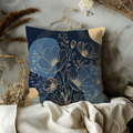 Navy Blue Floral Line Art Pillow Cover | Elegant Botanical Art | Gold Crackle Decor