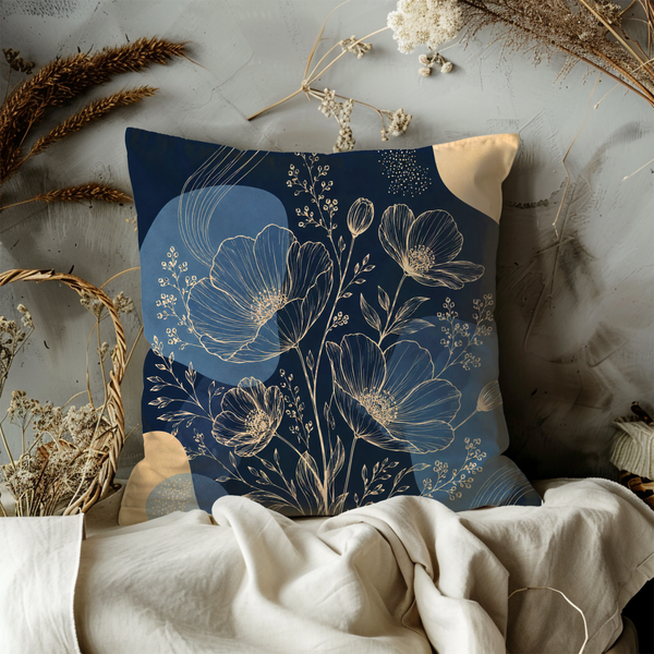 Navy Blue Floral Line Art Pillow Cover – Elegant Botanical Art | Gold Crackle Decor