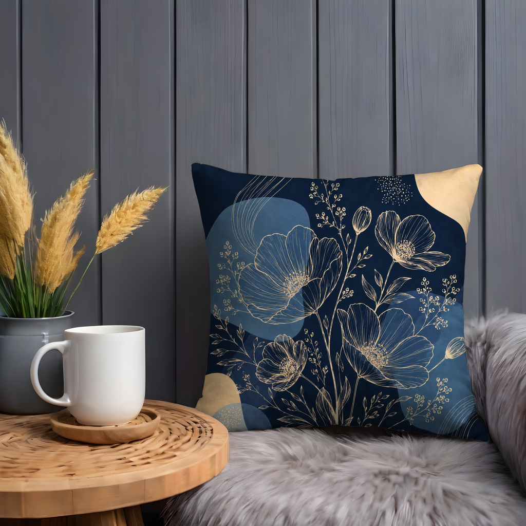 Navy Blue Floral Line Art Pillow Cover | Elegant Botanical Art | Gold Crackle Decor
