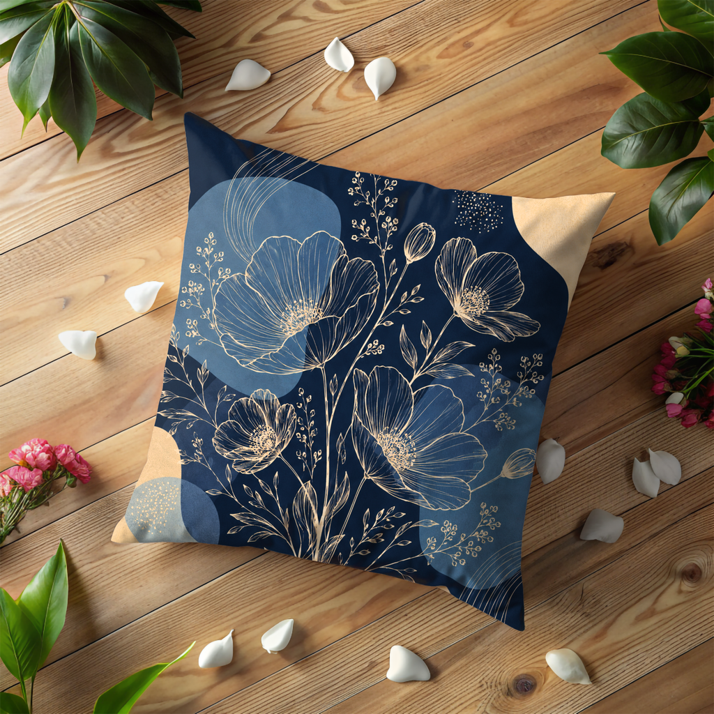 Navy Blue Floral Line Art Pillow Cover | Elegant Botanical Art | Gold Crackle Decor
