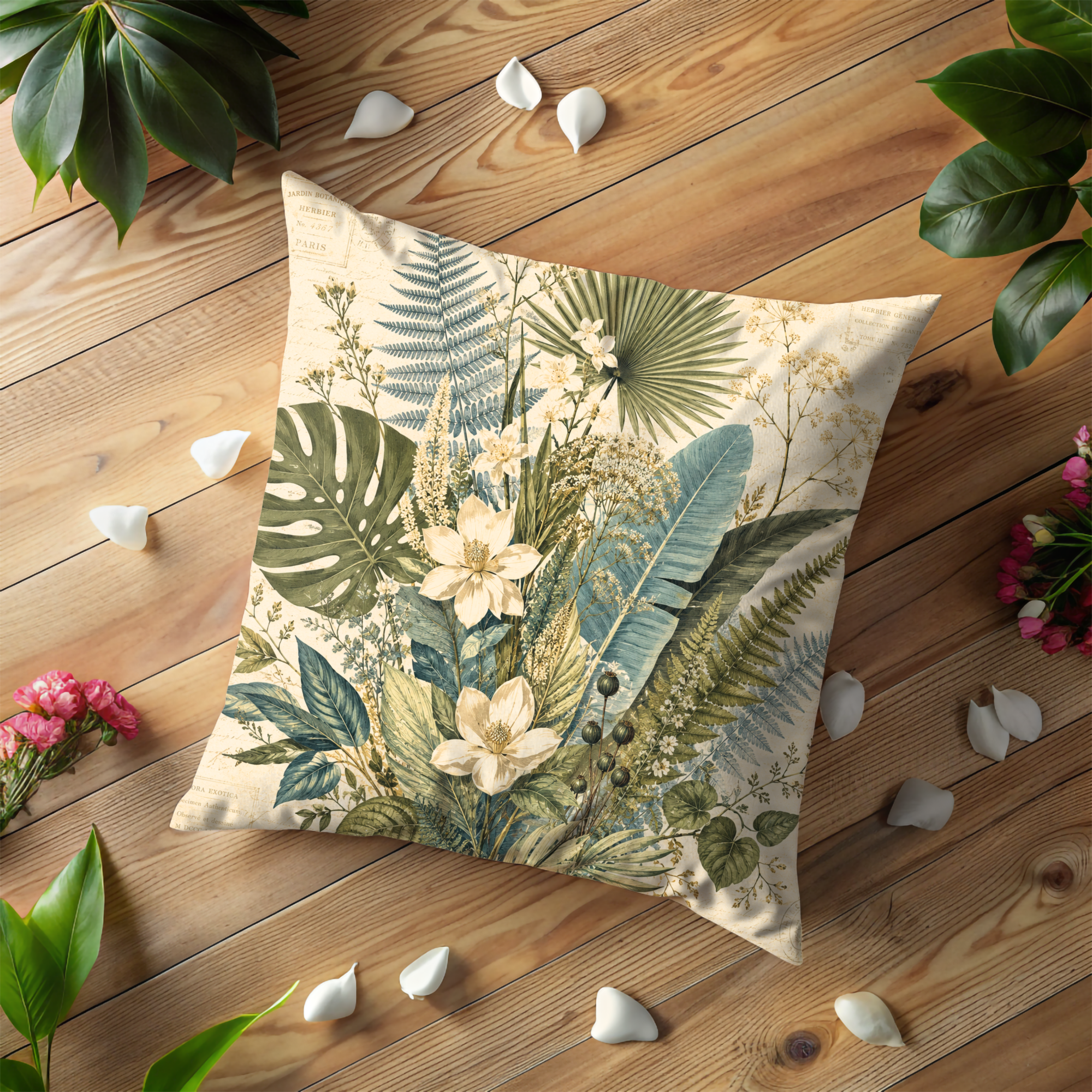 Vintage Botanical Garden Pillow Cover | Exotic Plant Art | Gold Crackle Decor