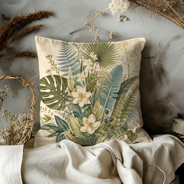 Vintage Botanical Garden Pillow Cover – Exotic Plant Art | Gold Crackle Decor
