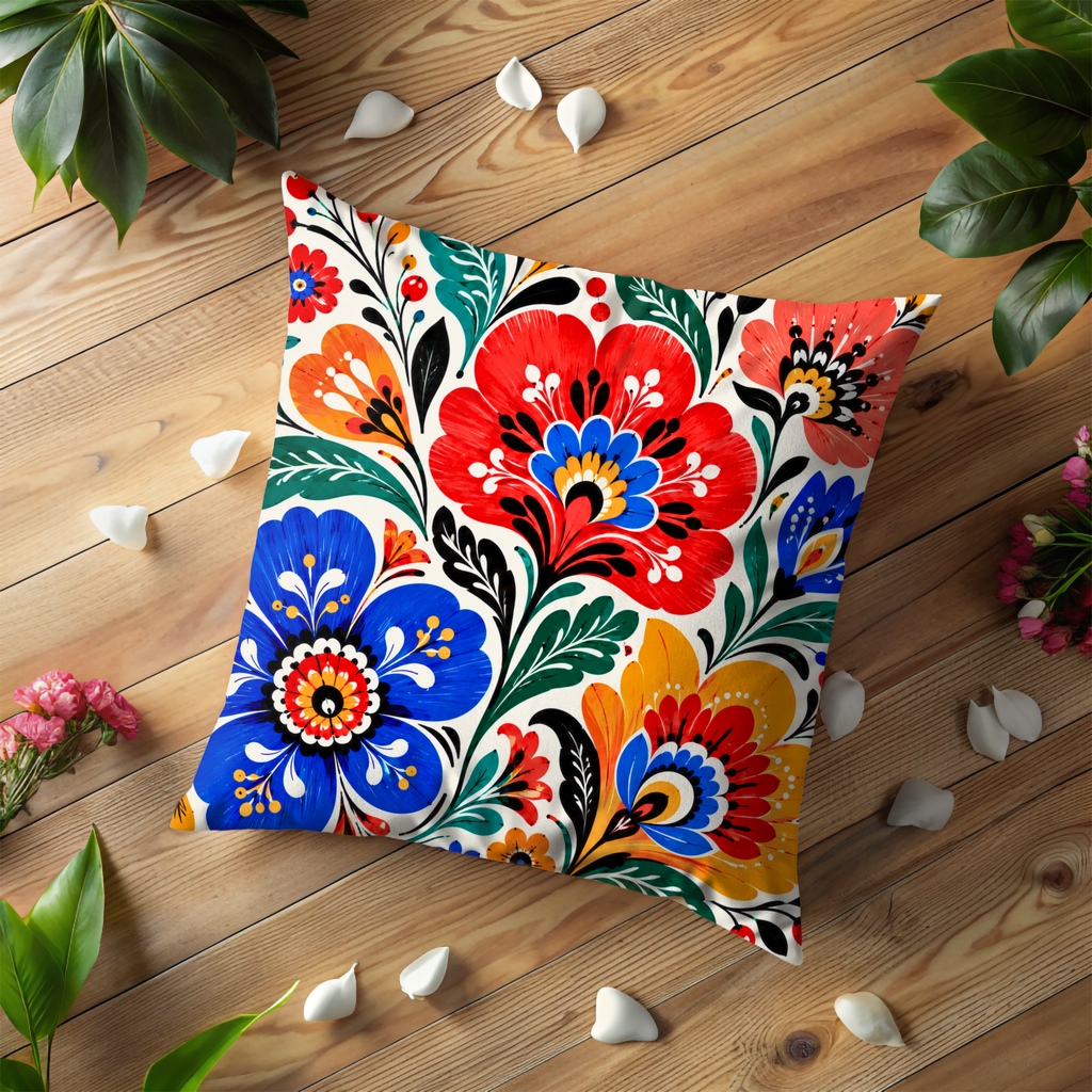 Folk Art Floral Pillow Cover | Vibrant Pattern Art | Gold Crackle Decor