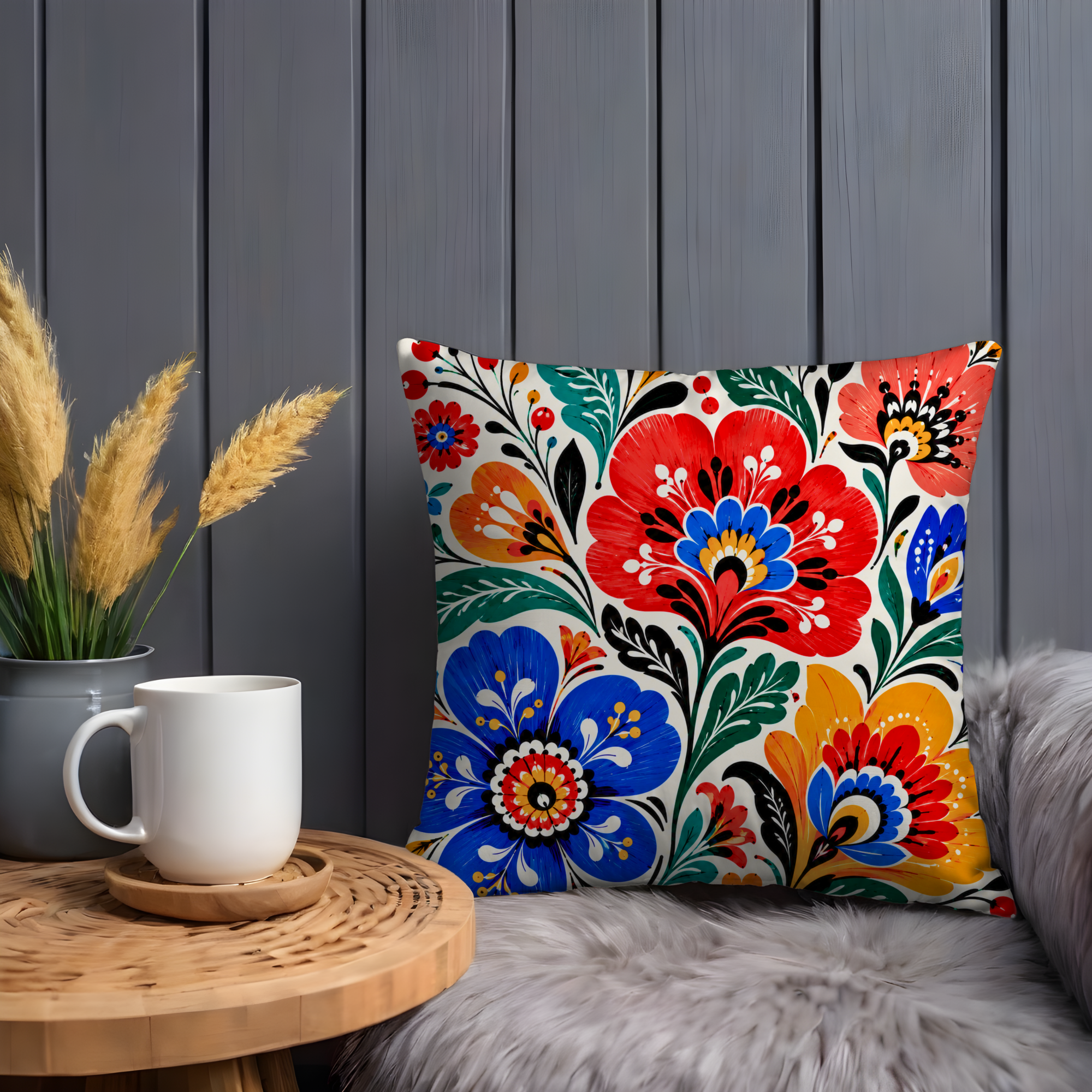 Folk Art Floral Pillow Cover | Vibrant Pattern Art | Gold Crackle Decor