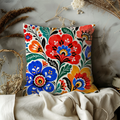Folk Art Floral Pillow Cover | Vibrant Pattern Art | Gold Crackle Decor
