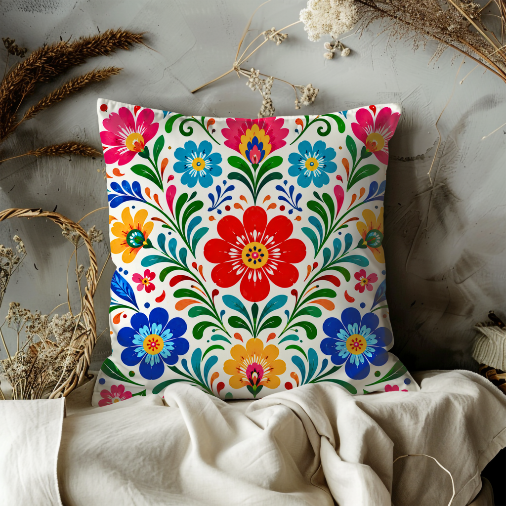 Folk Art Floral Pillow Cover | Vibrant Pattern Art | Gold Crackle Decor