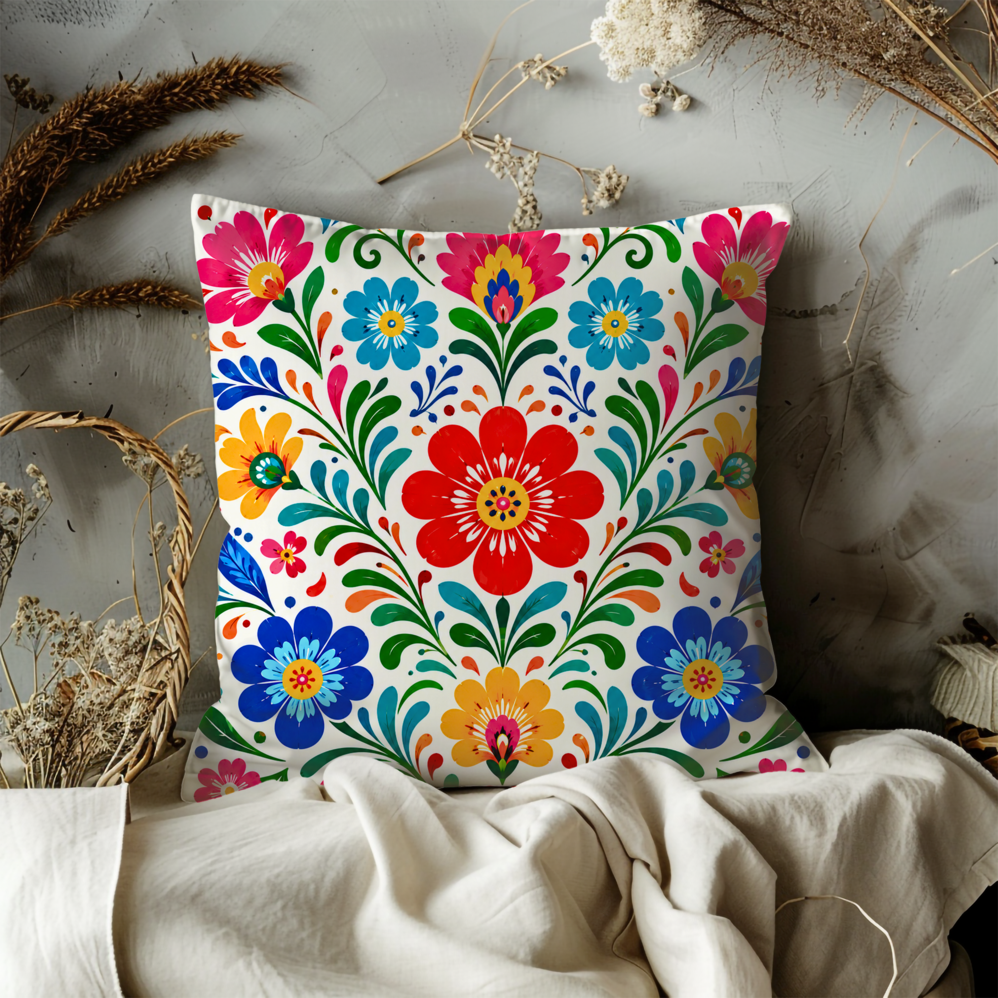Folk Art Floral Pillow Cover | Vibrant Pattern Art | Gold Crackle Decor