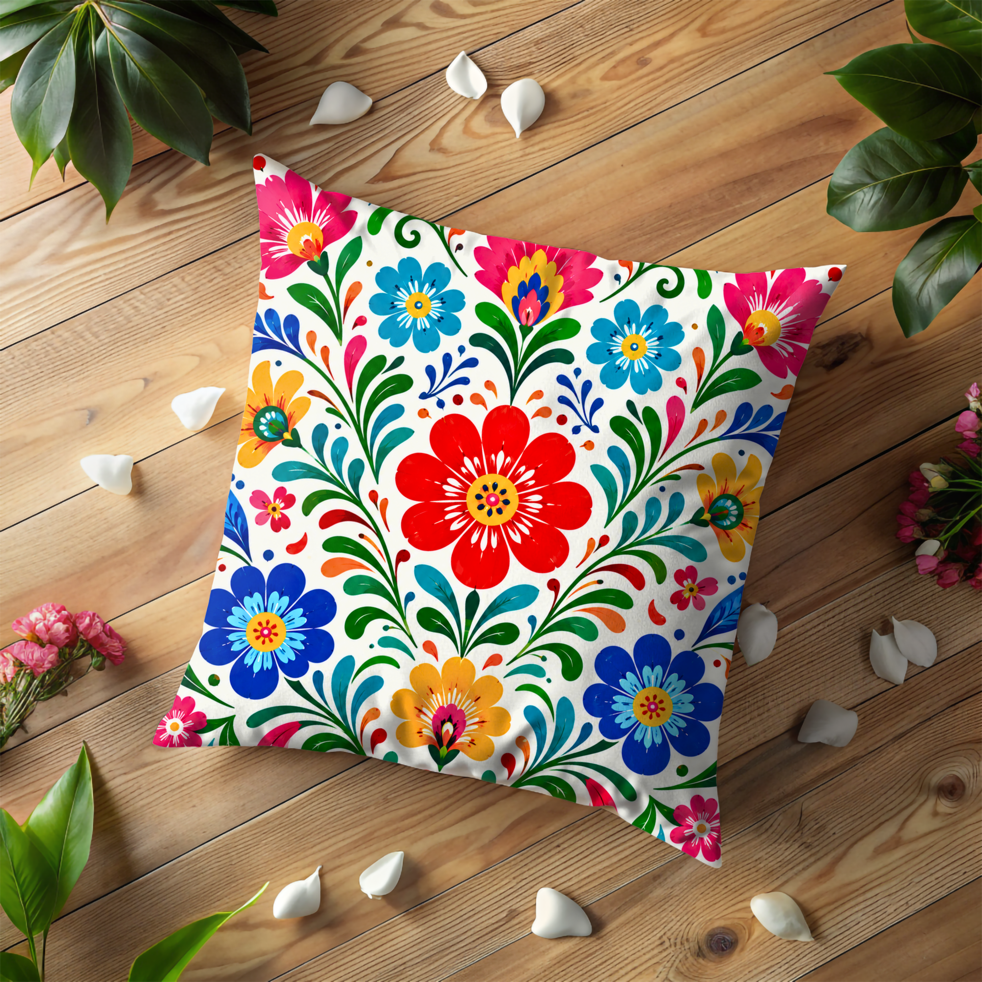 Folk Art Floral Pillow Cover | Vibrant Pattern Art | Gold Crackle Decor
