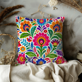 Folk Art Floral Pillow Cover | Vibrant Pattern Art | Gold Crackle Decor