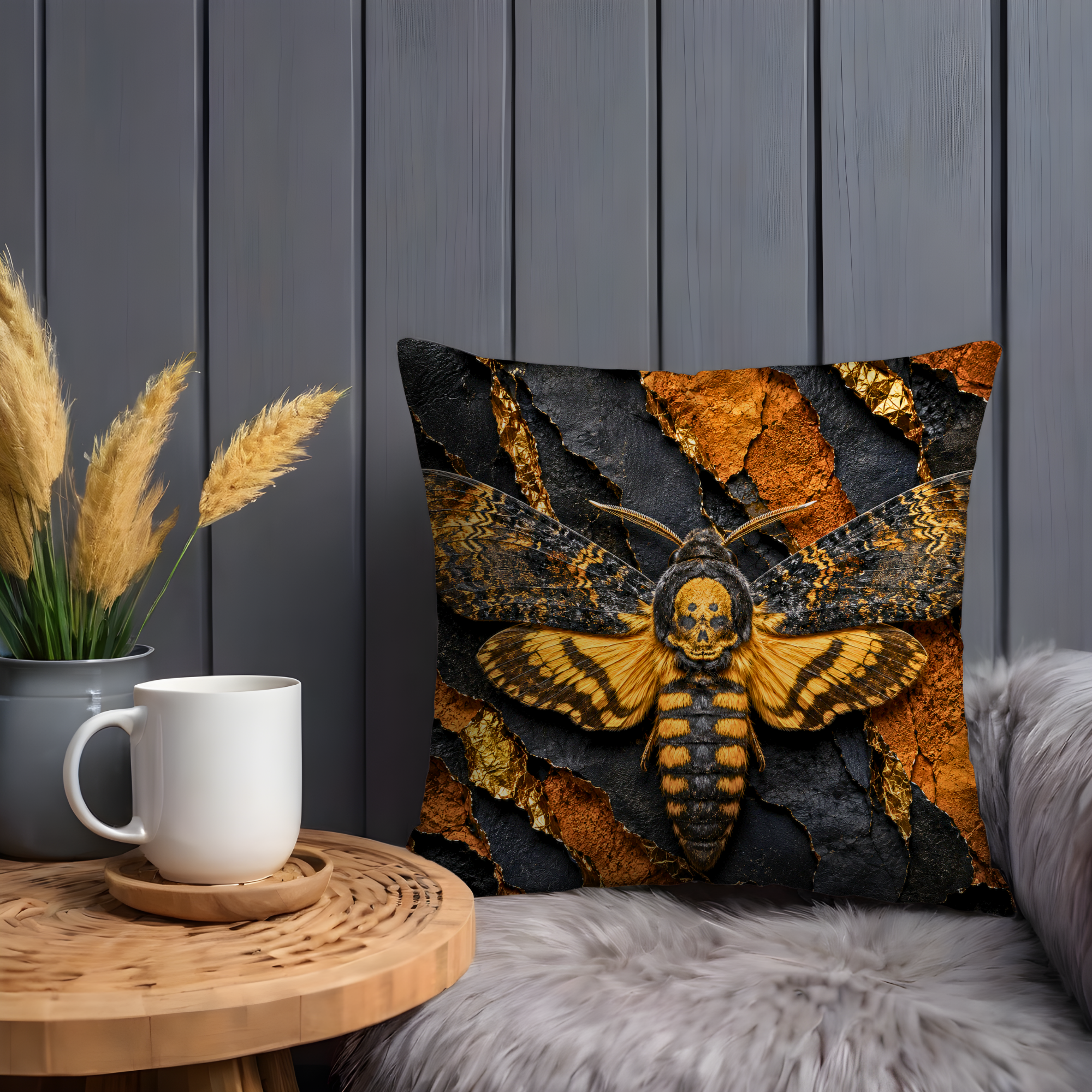 Death's Head Moth Pillow Cover | Mystic Dark Art | Gold Crackle Decor