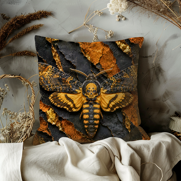 Death's Head Moth Pillow Cover – Mystic Dark Art | Gold Crackle Decor