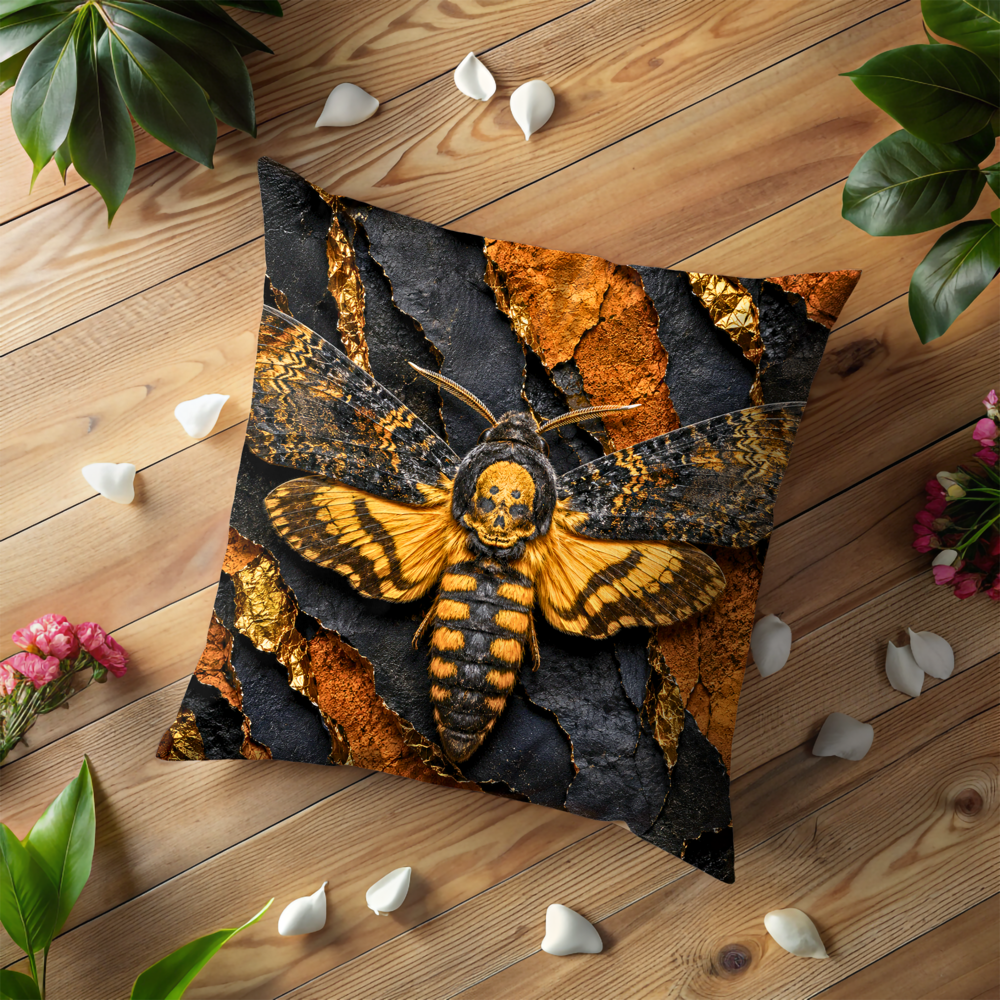 Death's Head Moth Pillow Cover | Mystic Dark Art | Gold Crackle Decor