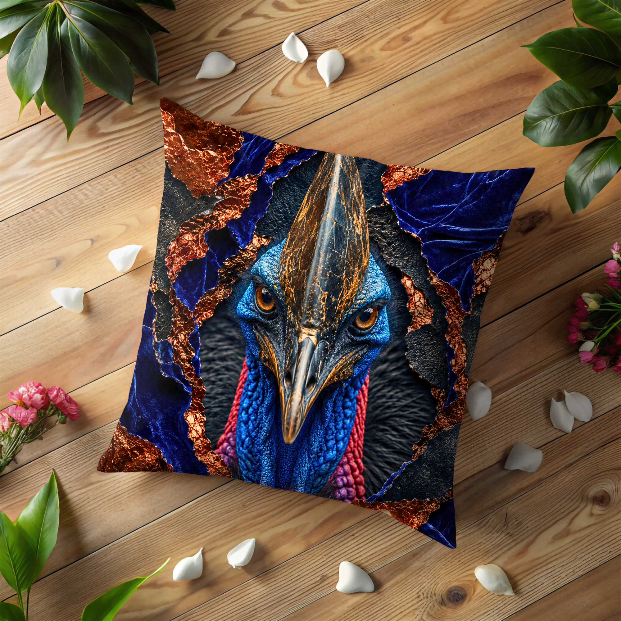 Cassowary Bird Pillow Cover | Exotic Wildlife Art | Gold Crackle Decor