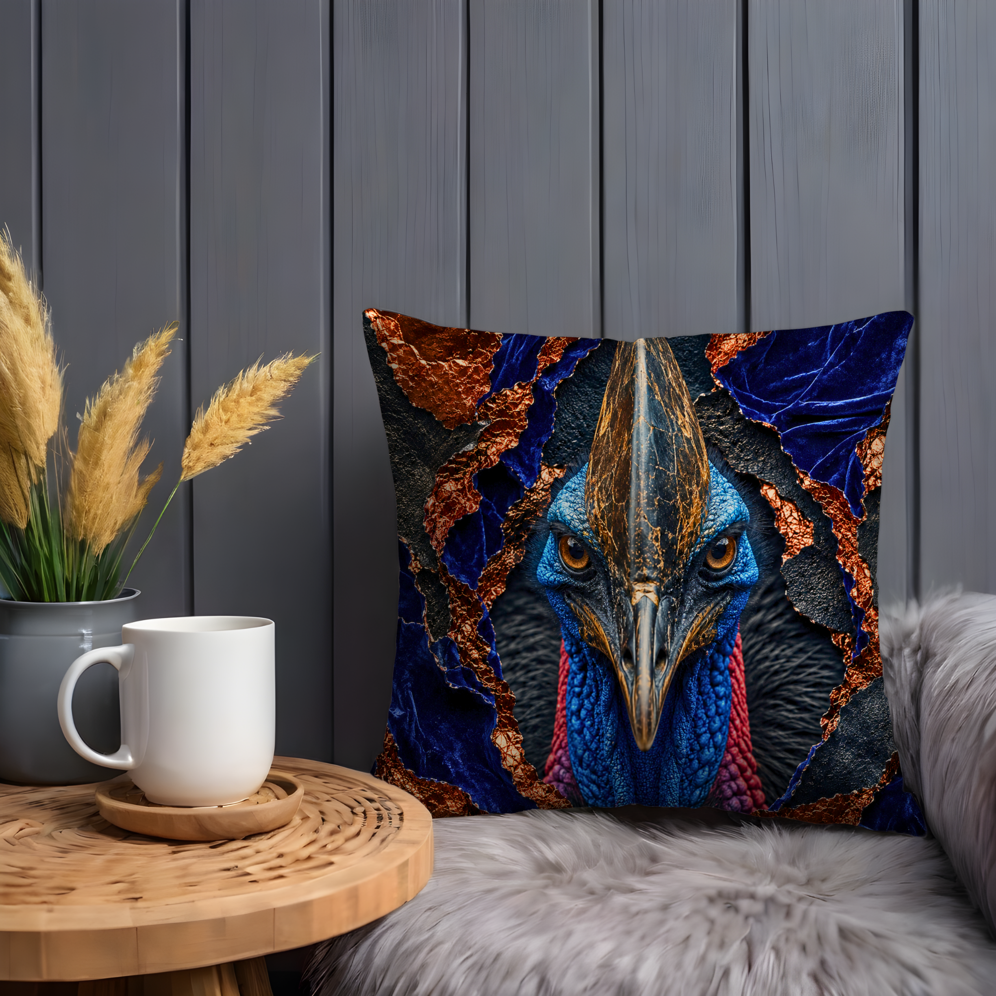 Cassowary Bird Pillow Cover | Exotic Wildlife Art | Gold Crackle Decor