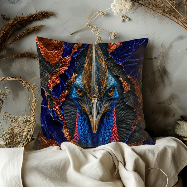 Cassowary Bird Pillow Cover – Exotic Wildlife Art | Gold Crackle Decor