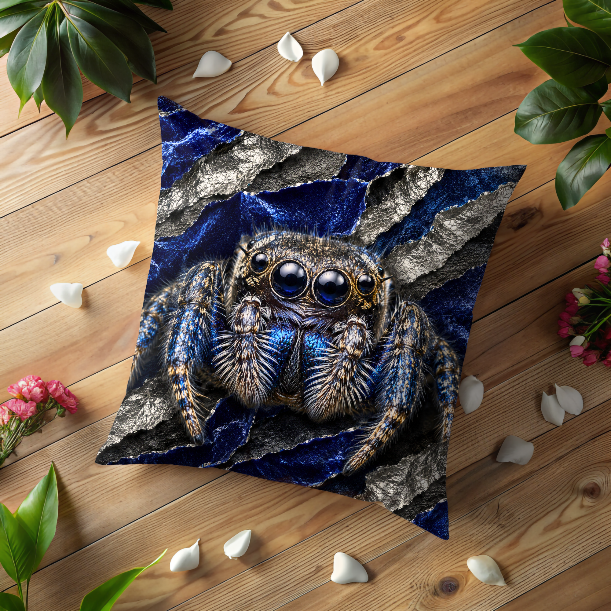 Jumping Spider Pillow Cover | Mystic Wildlife Art | Gold Crackle Decor