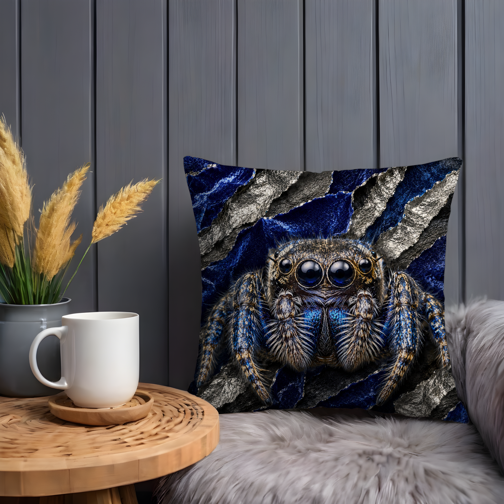 Jumping Spider Pillow Cover | Mystic Wildlife Art | Gold Crackle Decor