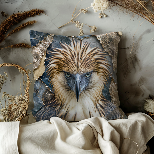 Eagle Portrait Pillow Cover – Majestic Wildlife Art | Gold Crackle Decor