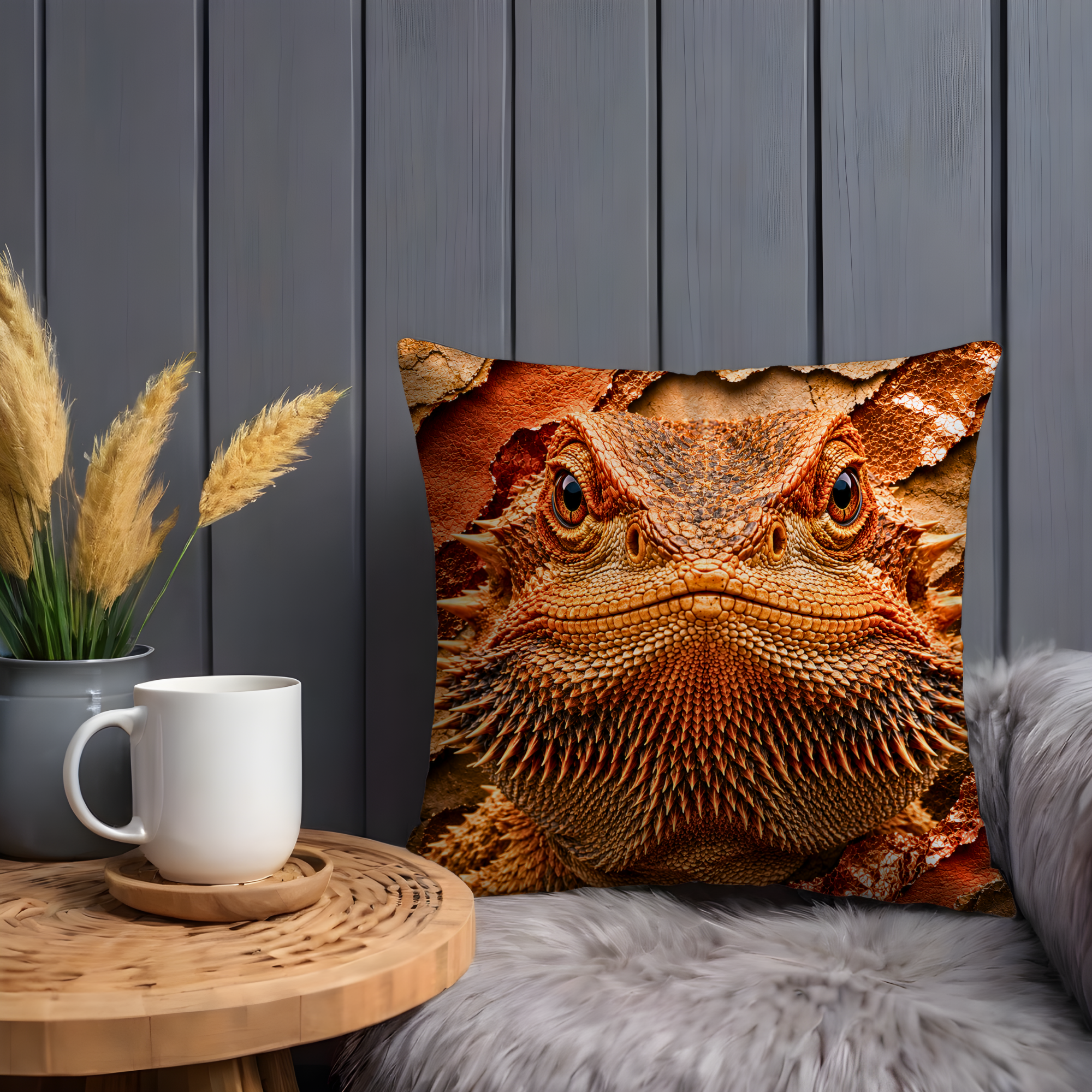 Bearded Dragon Pillow Cover | Exotic Reptile Art | Gold Crackle Decor