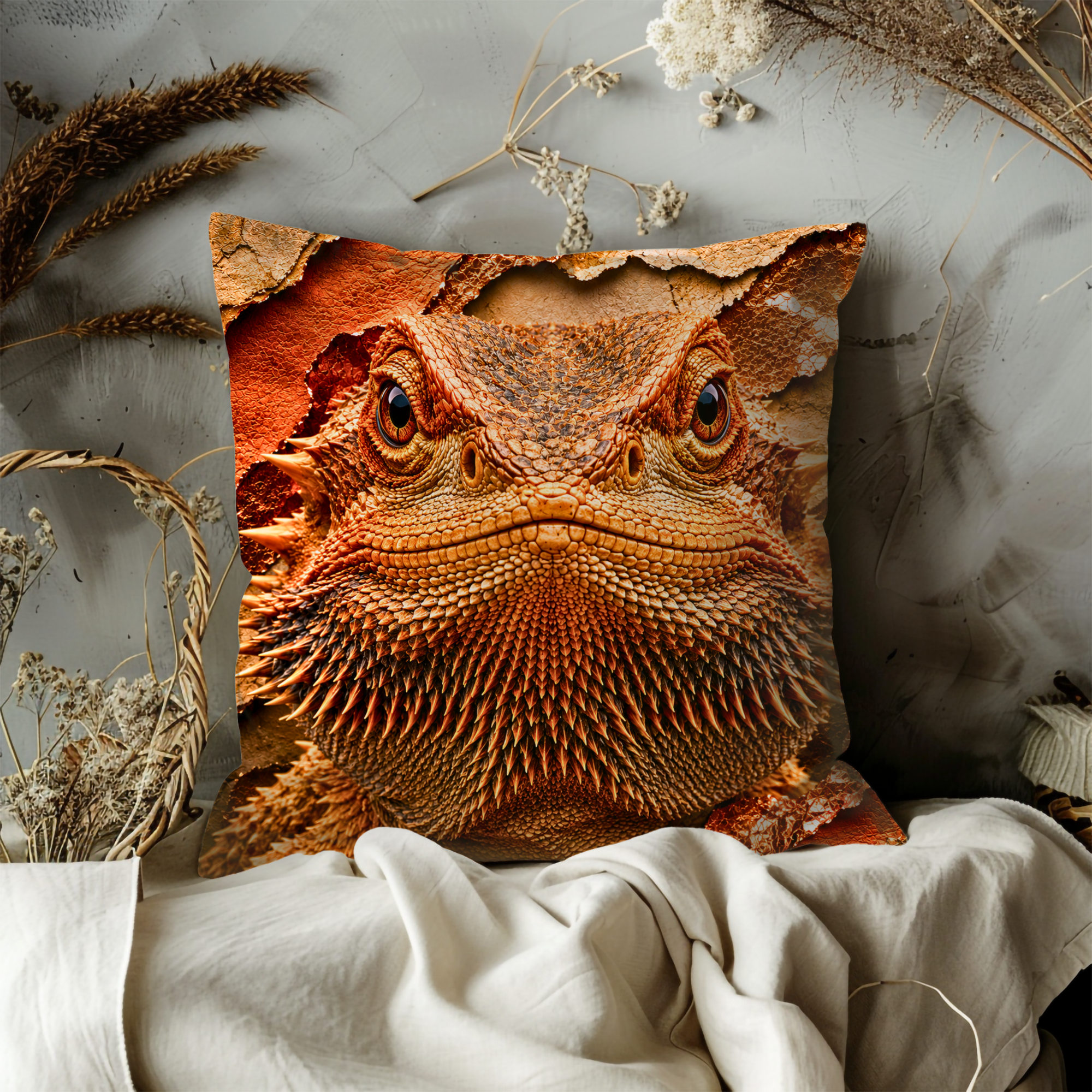 Bearded Dragon Pillow Cover | Exotic Reptile Art | Gold Crackle Decor