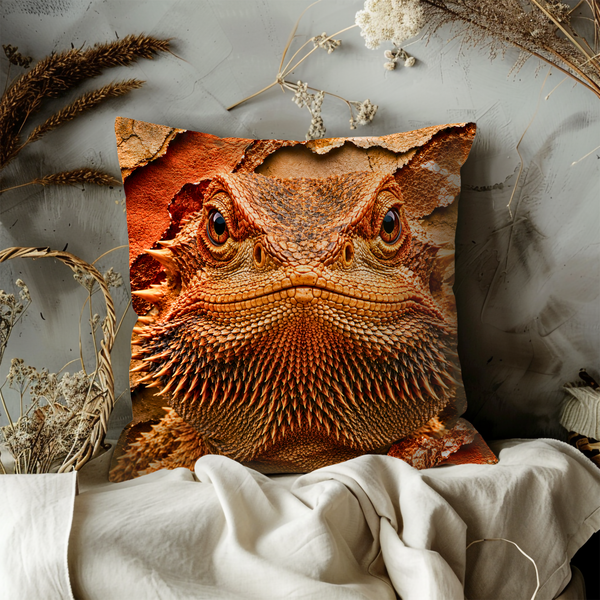 Bearded Dragon Pillow Cover – Exotic Reptile Art | Gold Crackle Decor