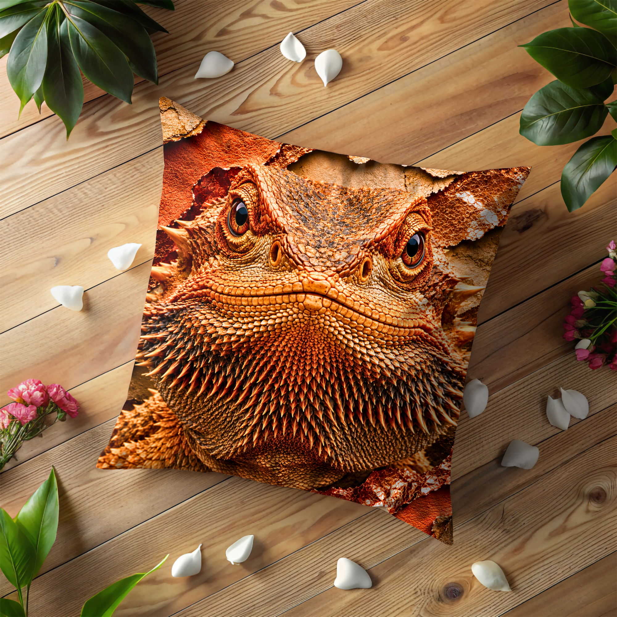 Bearded Dragon Pillow Cover | Exotic Reptile Art | Gold Crackle Decor