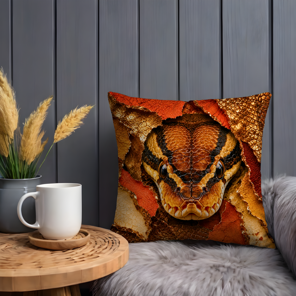 Python Snake Pillow Cover | Exotic Reptile Art | Gold Crackle Decor