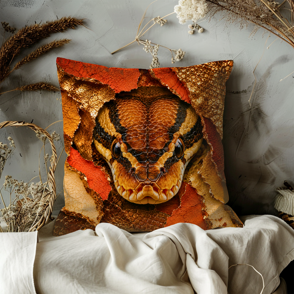 Python Snake Pillow Cover – Exotic Reptile Art | Gold Crackle Decor