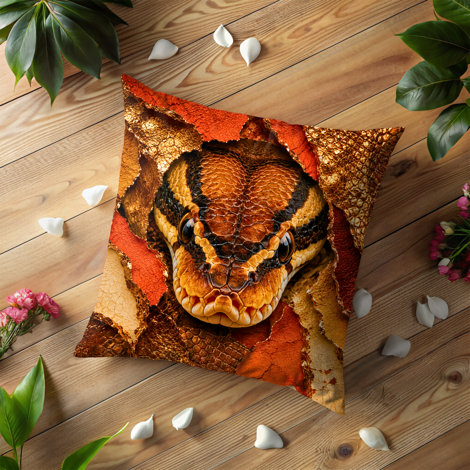 Python Snake Pillow Cover | Exotic Reptile Art | Gold Crackle Decor
