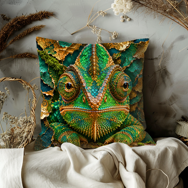 Chameleon Portrait Pillow Cover – Exotic Reptile Art | Gold Crackle Decor