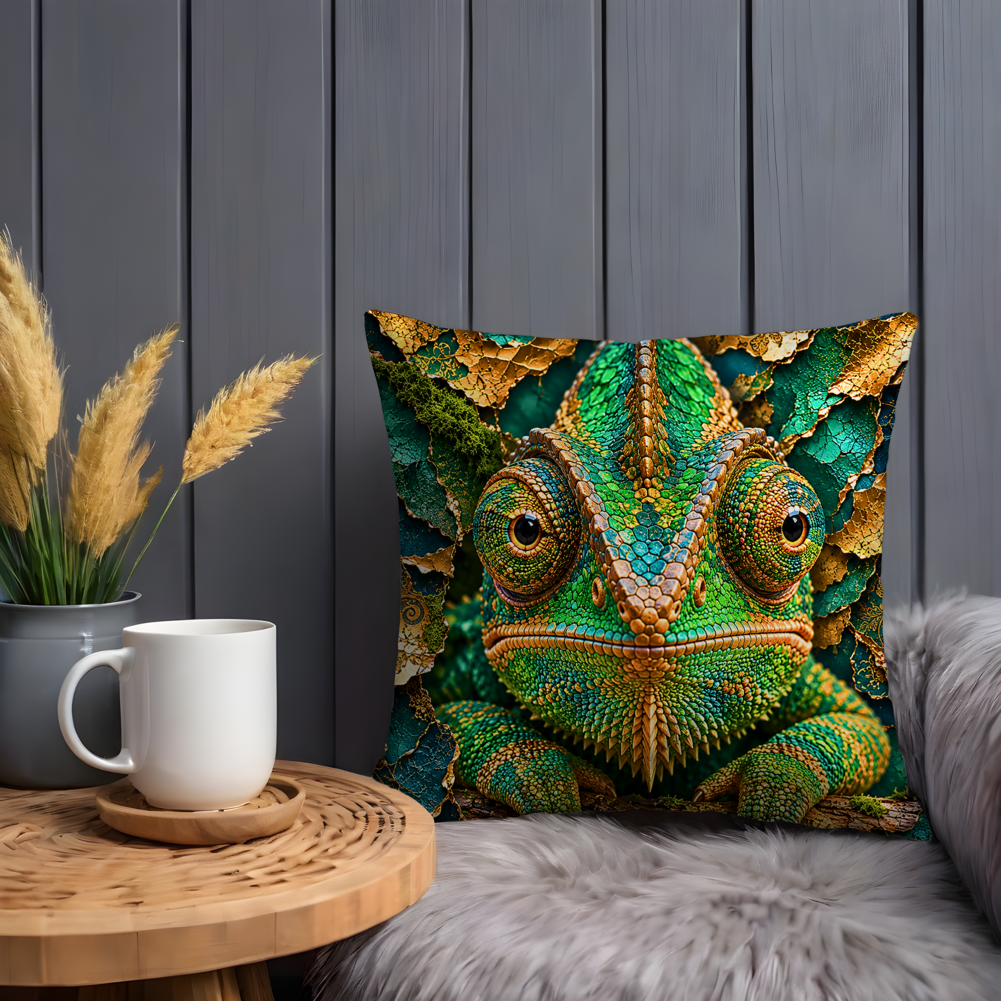 Chameleon Portrait Pillow Cover | Exotic Reptile Art | Gold Crackle Decor