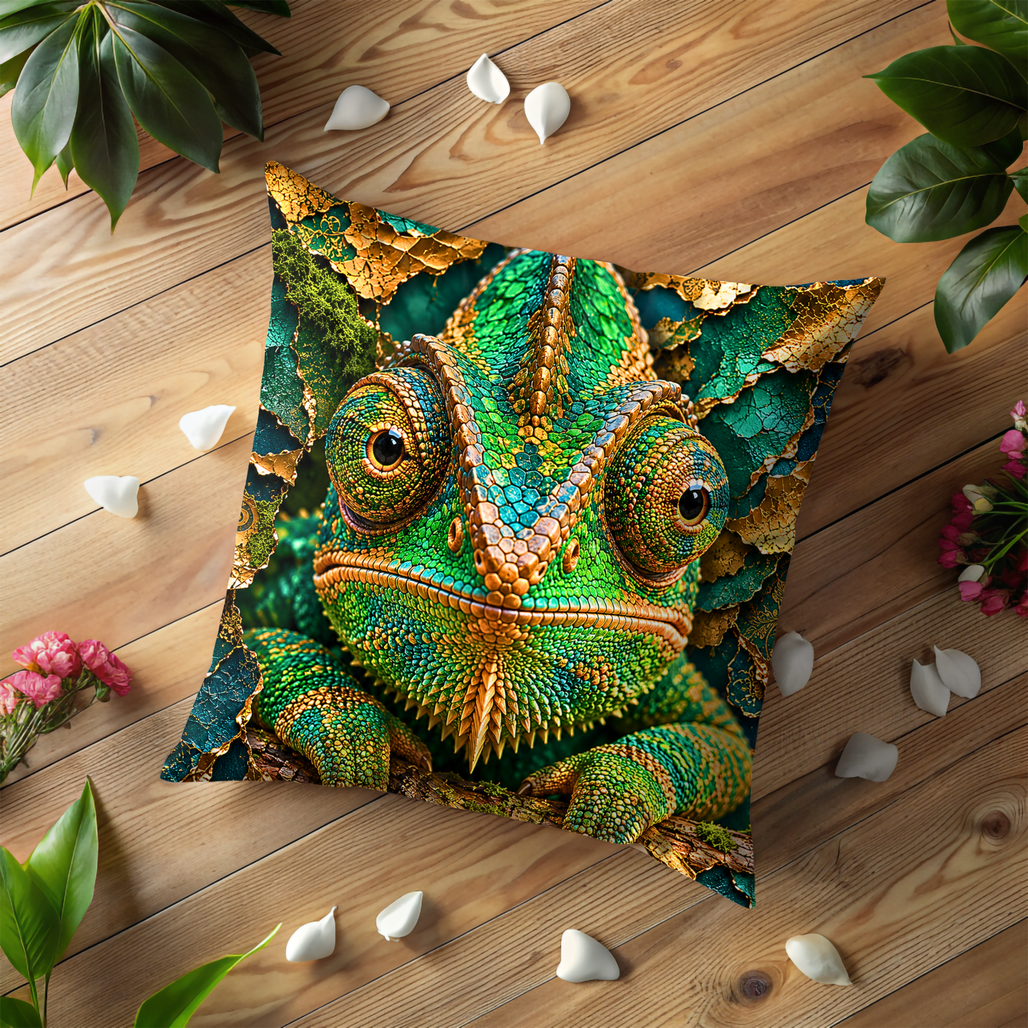 Chameleon Portrait Pillow Cover | Exotic Reptile Art | Gold Crackle Decor