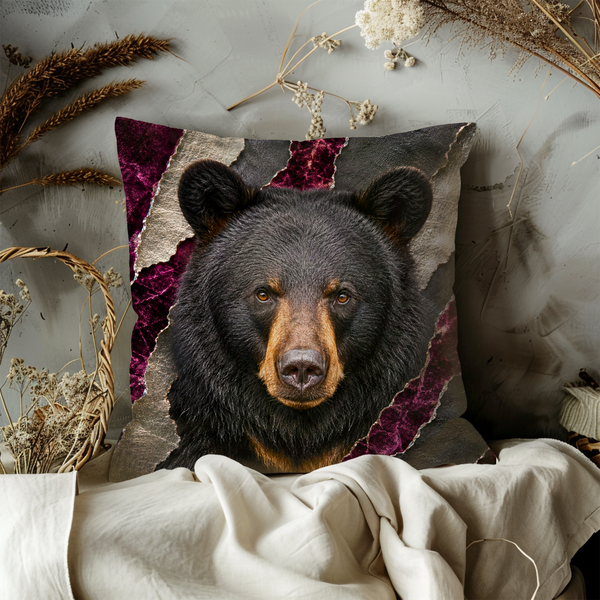 Bear Portrait Pillow Cover – Majestic Wildlife Art | Gold Crackle Decor
