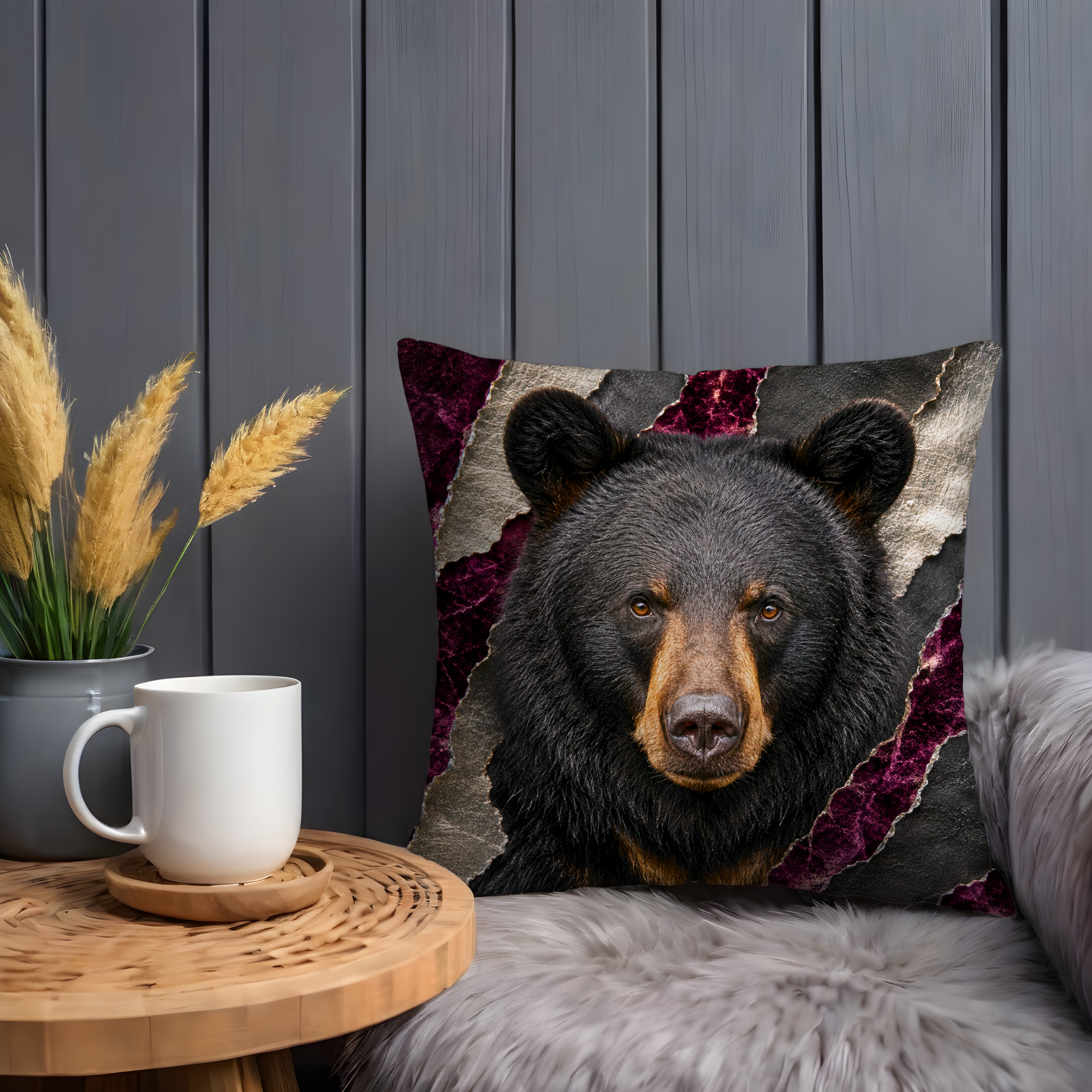 Bear Portrait Pillow Cover | Majestic Wildlife Art | Gold Crackle Decor